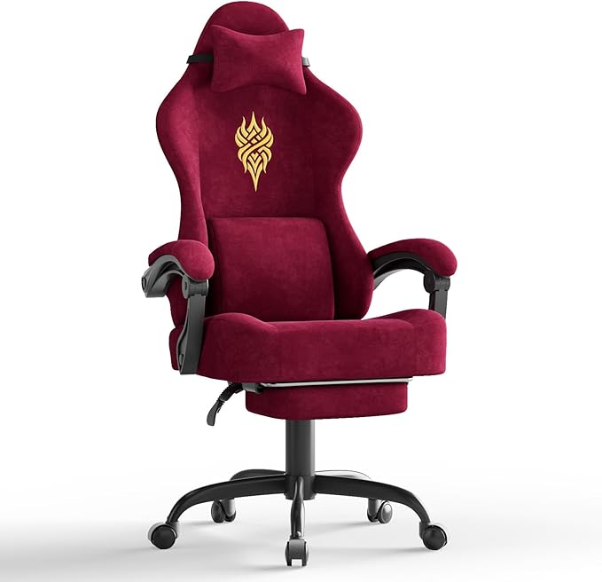 Soontrans Red Velvet Fabric Gaming Chairs with Footrest Ergonomic Comfortable Video Gamer Chair Reclining Office Computer Desk Game Chairs with Massage Lumbar CushionHeadrest for Adult