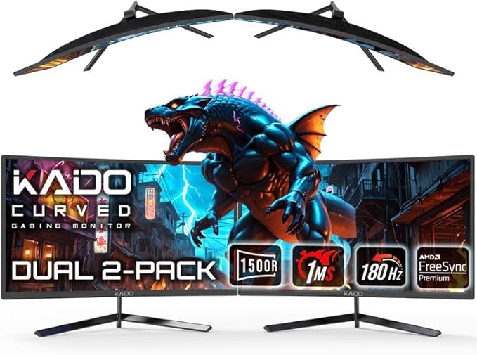 Kado 24 Class Dual Gaming Monitor Setup - 2-Pack 24 Curved 1500R 180Hz 1ms 1920x1080 Computer Monitor Parallel Gaming AMD FreeSync Premium Panoramic VESA Mount HDMI DisplayPort Built-in Speakers