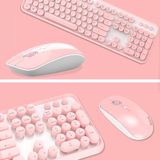 Pink Wireless Keyboard and Mouse Combo Retro Typewriter Style Cute Bubble Keyboard with Round Keycaps 2.4GHz Full Size Creamy Keyboard&ampMouse with 3 DPI for Long Nails for PC Laptop Desktop Compu