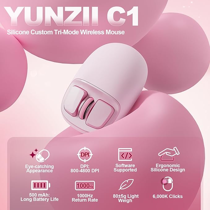 YUNZll C1 Silicone Wireless Mouse Tri-Mode 2.4G/USB-C/Bluetooth Mouse 4800 DPl Optical Tracking 6 Adjustment LevelsCustomize Mice for Laptop Computer iPad MacBook (Pink)