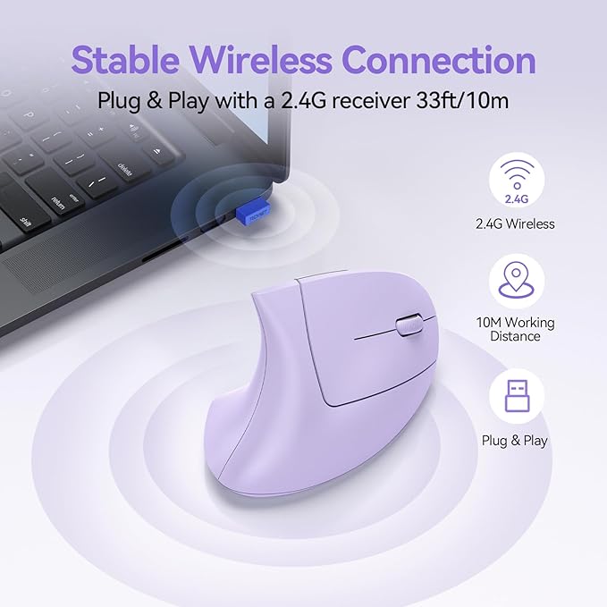 TECKNET Ergonomic Mouse Wireless Rechargeable Mouse Silent for Carpal Tunnel Right Hand 2.4GHz USB Vertical Mouse Wireless for Laptop 5 Adjustable 4800 DPI Computer MacBook Desktop