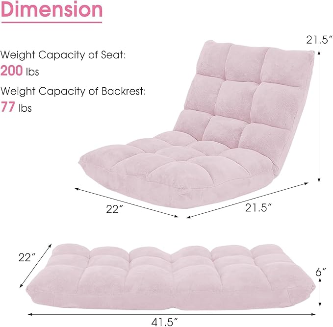 MAT EXPERT Floor Chair with Back Support Floor Gaming Chair w/ 14 Adjustable Position Soft Coral Fleece&ampAlloy Steel Frame Foldable Padded Lazy Couch Recliner for Meditating (Pale Pink Large)
