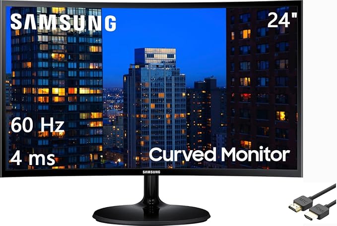 SAMSUNG 24 390C Series LED FHD Curved Monitor 60Hz Refresh Rate 4ms Response Time AMD FreeSync Monitor (HDMI VGA) Black with MTC HDMI Cable