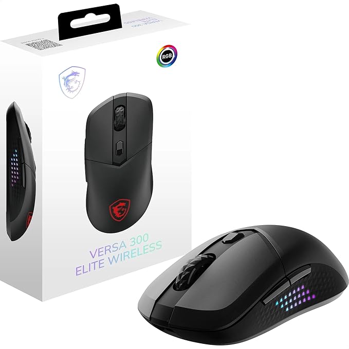 msi Versa 300 Elite Wireless Gaming Mouse - 26000 DPI Optical Sensor 1000 Hz Polling Rate Symmetrical 60M+ Click OMRON Switches 6 Buttons 200-Hour Battery 1ms Latency RGB 65g - Wired/Wireless