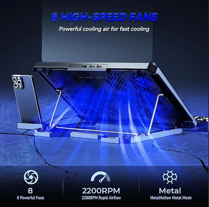 Laptop Cooling pad for Dell Inspiron 14 5000 Gaming laptops Laptop Cooler with 8 Fans Adjustable Speed 5-Level Height Adjustment Mute SilentBuilt-in Phone Stand