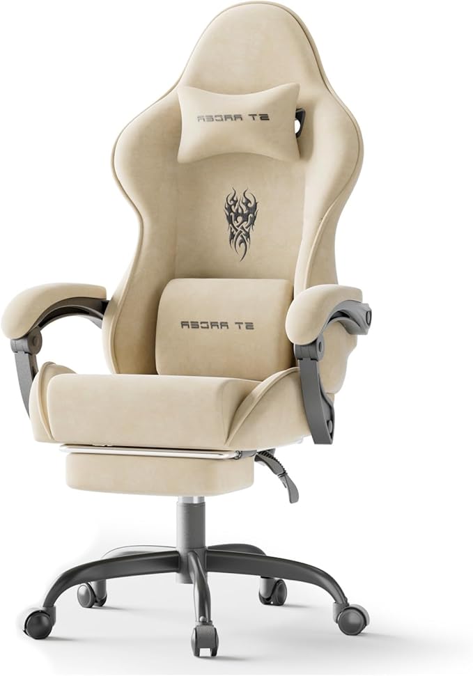 Ferghana Velvet Fabric Gaming Chair Ergonomic Gamer Chair for Adult Comfortable Video Game Chair with Footrest and Massage Lumbar Cushion Racing Reclining Office Home Computer Desk Chair Beige