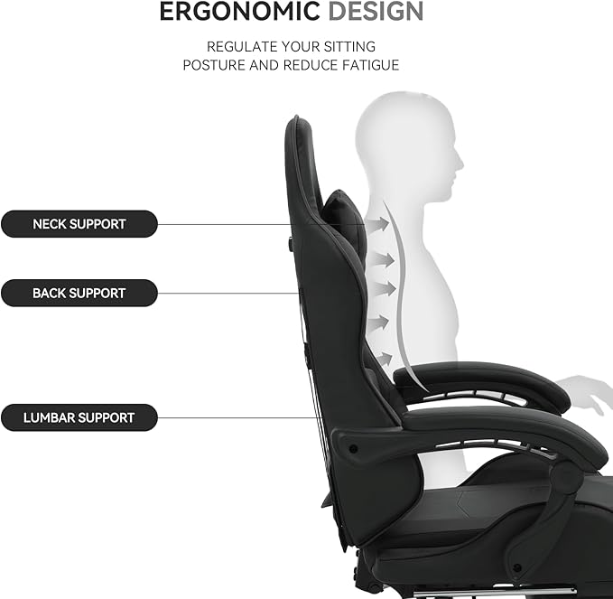 Gaming Chair Ergonomic Computer Chairs with Arms Lumbar Support Footrest Headrest 360°Swivel Chair Adjustable Back and Height Leather PC Chairs for Gaming Study Office Black