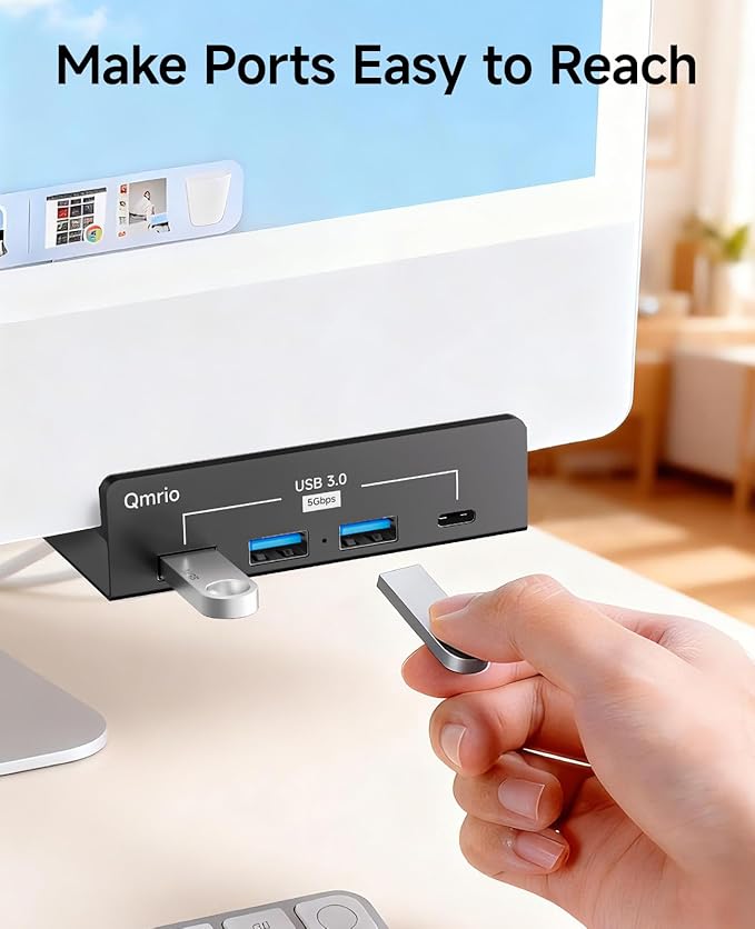 USB Hub 3.0 5Gbps Clamp USB Hub for Desk/Monitors with Extra Power Supply Port 3 USB-A Data Ports USB-C Data Port for iMac Pro/iMac (Black)
