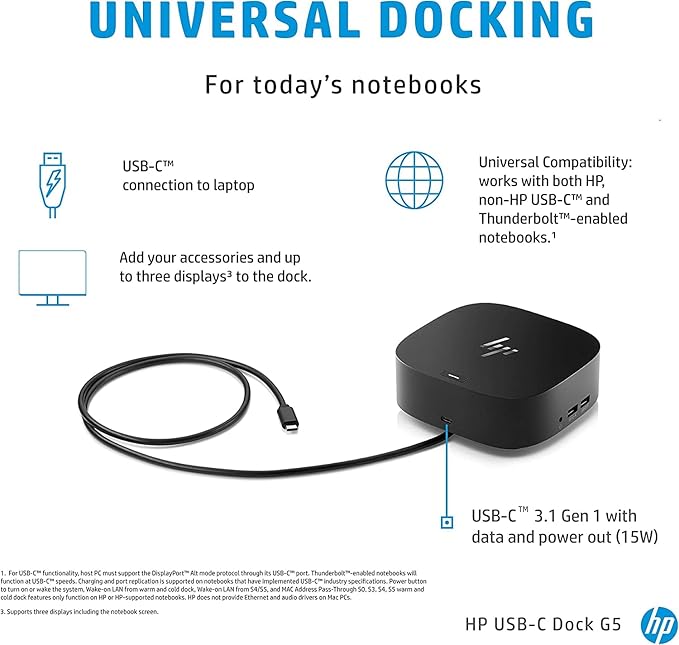 HP USB-C Essential Dock G5 78L94AA#ABA (8 in 1 Universal USB-C Adapter for Thunderbolt-Enabled Laptops Notebooks and PCs -Single Cable for Charging Networking or Data Transfers) Bundle With USB Hub