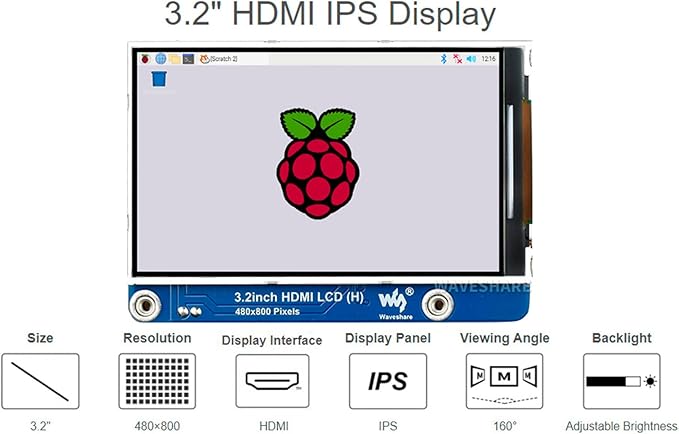 waveshare 3.2inch IPS LCD Display (H) for Raspberry Pi 4B/3B+/3B/2B/Zero/Zero W/Zero WH and Jetson Nano and Windows 11/10/8.1/8/7 480×800 Pixel Adjustable Brightness No Touch