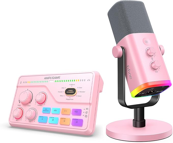 FIFINE Streaming XLR/USB Microphone with Audio Mixer Kit Dynamic Mic with Mute Button 7.1 Surround Sound RGB Mixer with XLR Interface 48V Phantom Power Voice Changer for PC/PS5-AM8P+SC8P