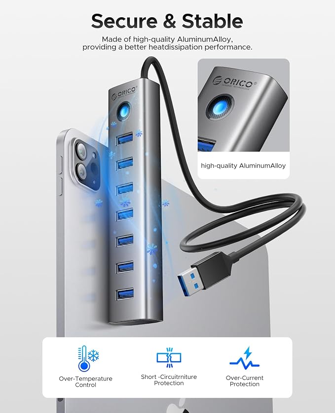 ORICO Aluminum 7-Port USB Hub + 256 GB UFSD USB C Flash Drive