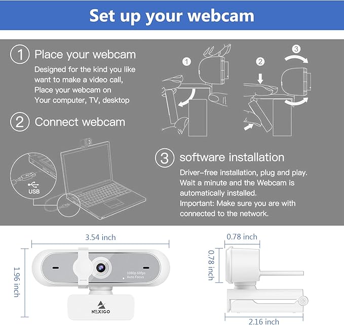 NexiGo N660P (Gen 2) 1080P 60FPS Webcam with Software Control Dual Microphone &amp Cover Autofocus HD USB Computer Web Camera for OBS/Zoom/Skype/FaceTime/Teams/Twitch White