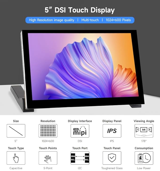 waveshare 5inch Capacitive Touch Display compatilbe with Raspberry Pi 5/4B/3B/CM4/3 DSI Interface IPS Panel 1024x600 Pixels Toughened Glass Panel No Driver Required