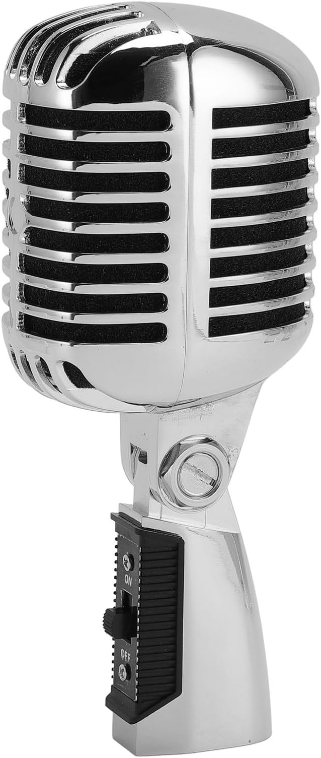 Vintage Classic Dynamic Microphone with Self Tensioning Rack for Retro Style Vocal Performances for Stage Singers and Musicians (Silver)