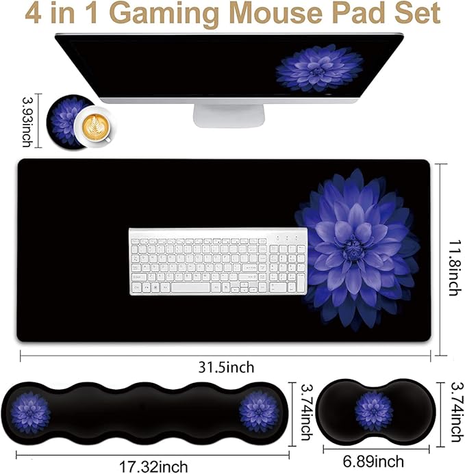 Ergonomic Mouse Pad Set Desk Mat(31.5×11.8 in) + Keyboard Wrist Rest Support + Mouse Wrist Rest + Coasters for OfficeHomeComputerLaptop -Purple Flowers Cute Black Gaming Large Mousepads XXL