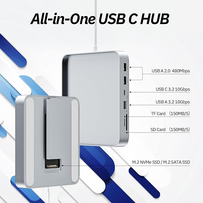 USB C Hub for iMac 24 inch 2021/2023/2024 Minisopuru iMac Hub Support M.2 NVMe SSD iMac Accessories for iMac M1/M3/M4 iMac Adapter with USB A/C 10Gbps SD/TF M.2 SSD (Not Included) Silver