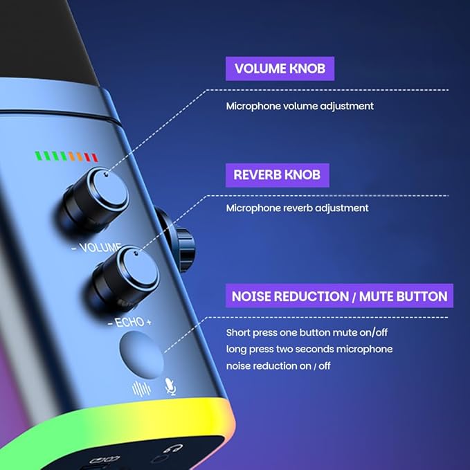 USB/XLR Desktop Dynamic Microphone with RGB Light Noise Reduction &amp Mute Button for Podcast Recording PC Computer Gaming Streaming Mic with RGB Light Mute Button Headphones Jack (Black)