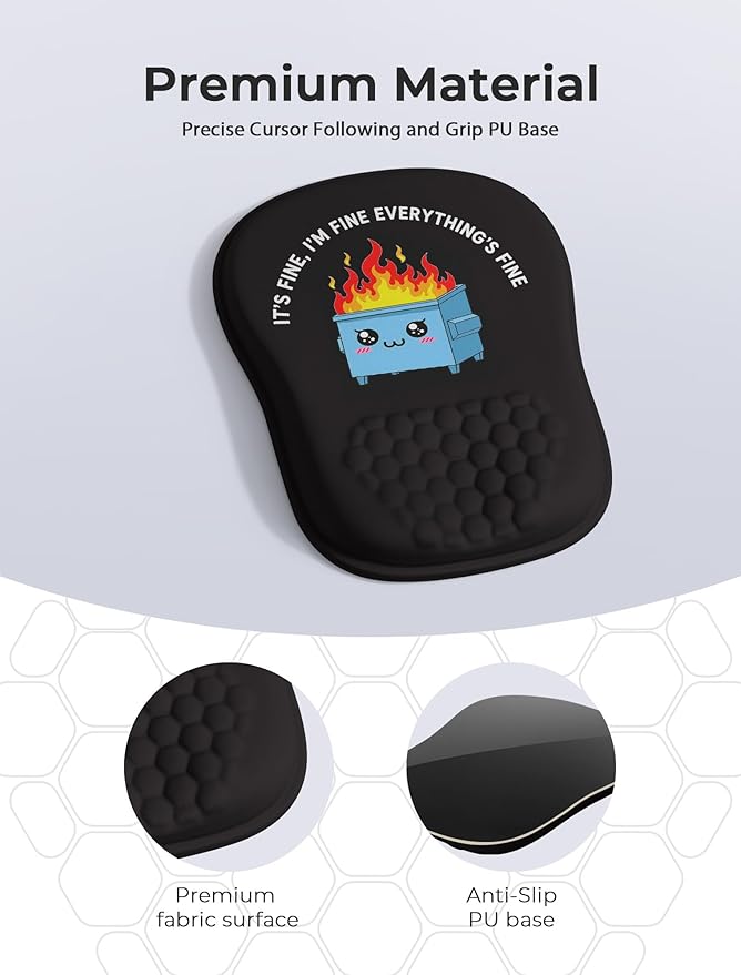 Funny Dumpster on Fire Ergonomic Mouse Pad for Carpal Tunnel Pain Relief 65% Usable Mouse Area Memory Foam Concave Wrist Rest for for Office PC Gaming