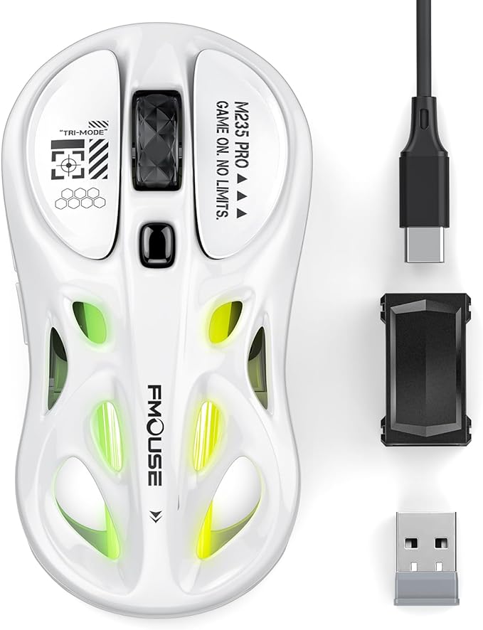 White Gaming Mouse - Tri-Mode Wireless (2.4G/Bluetooth/Wired) Ergonomic Hollow Design RGB Backlight Side Buttons Rechargeable Type-C for Mac/Laptop/iPad (Gaming/Office)