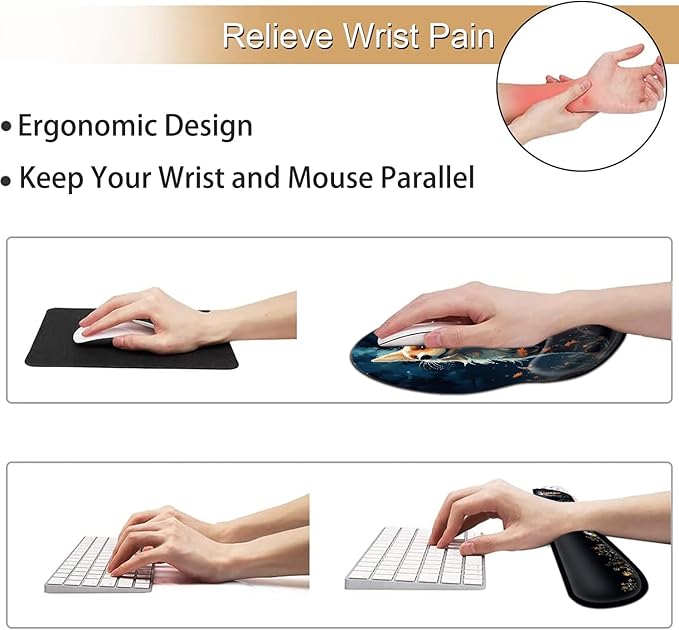 Ergonomic Gaming Mouse Pad Wrist Support and Memory Foam Keyboard Wrist Rest with Anti-Slip Base for Home Office Computer Desk Pad Gel Black Mouse Pad Easy Typing Cute Red Fox Animal Desk Mat