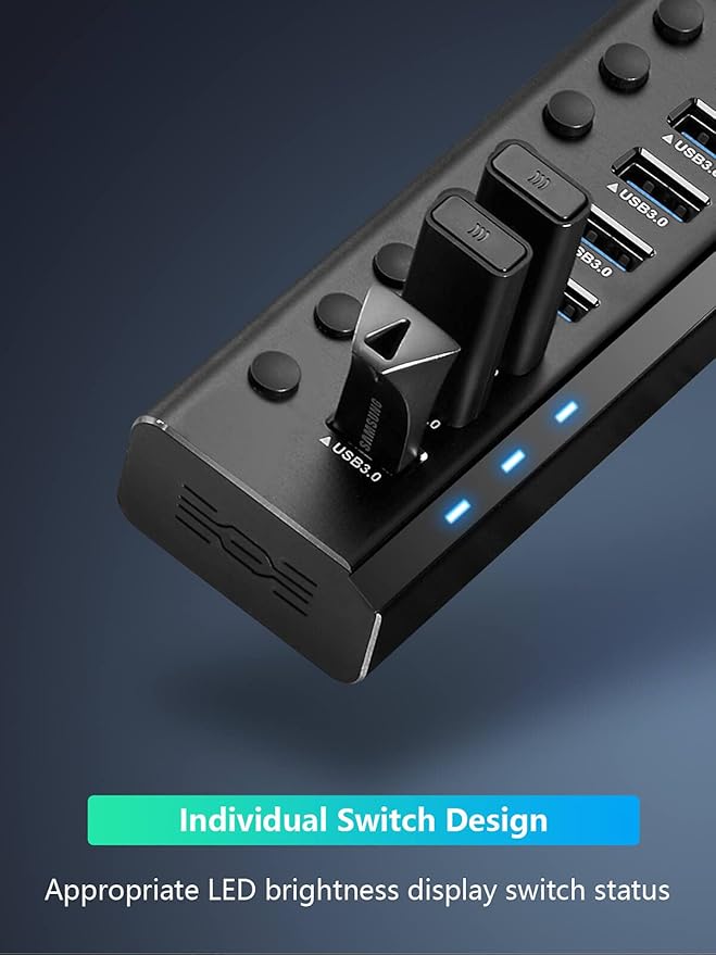 Powered USB Hub Rosonway 16 Ports 96W USB 3.0 Data Hub Aluminum USB Hub 3.0 Splitter with 12V/8A Power Adapter and Individual On/Off Switches RSH-A16 (Black)
