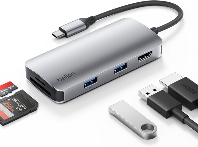 Belkin USB-C Hub 5-in-1 Multiport Adapter - USB-C Docking Station with 4K HDMI 2 x USB-A Ports SD Card Slot &amp MicroSD Card Slot for MacBook Pro Air iPad Pro XPS and More