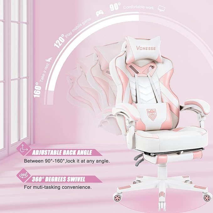 Vonesse Pink Gaming Chair Big and Tall Gaming Chair with Footrest and Massage Gaming Chairs for Adults with Lumbar Support Ergonomic High Back Computer Chair with Pocket Spring Cushion (White/Pink)