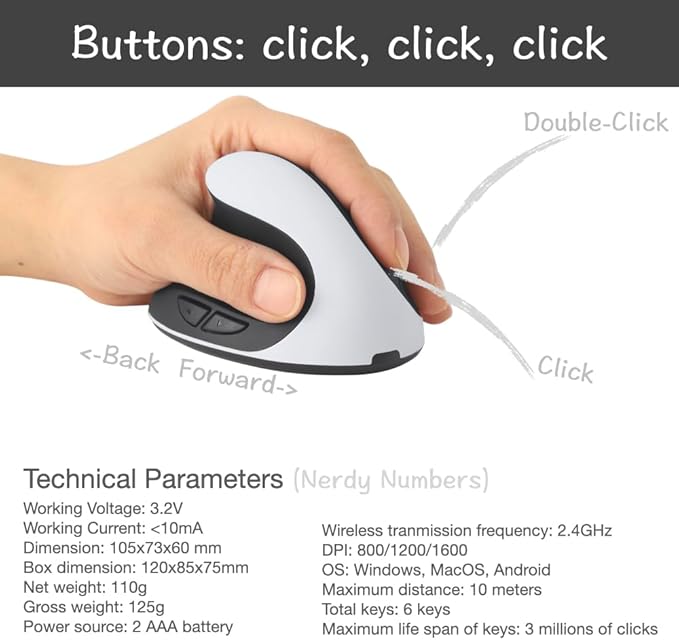 Urby Left Handed Mouse Wireless Ergonomic Vertical. Also As Left Handed Gaming Mouse. Compatible with Windows/macOS/iPadOS Laptop PC. [Battery Included] (White)