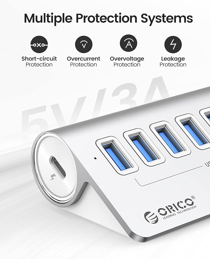 ORICO USB 3.2 Hub 10Gbps with 7 USB A Ports USB 3.2 Gen 2 Hub with 3.28Ft USB-A to USB-C Cable Desk USB Splitter for MacBook Mac Pro/Mini iMac Surface Pro Laptop/PC