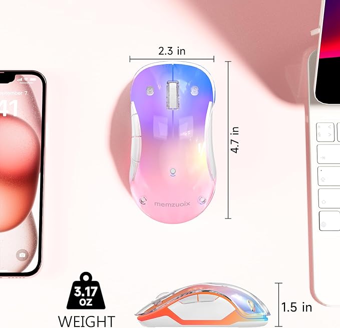 memzuoix 2.4G Wireless Mouse with Customizable Cover &amp 9-Color LED - Rechargeable Ergonomic 1400 DPI 5 Buttons USB Receiver for PC/Mac - Pink