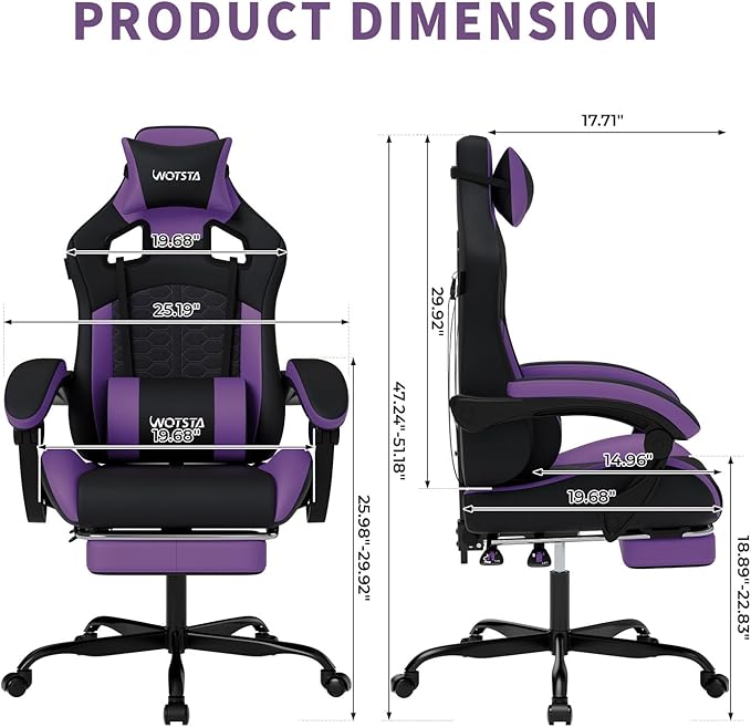Gaming Chair with MassageErgonomic PC Gaming Chair with Footrest Comfortable Headrest and Lumbar SupportHigh Back Game Chair PVC Leather300LBS (BlackPurple)