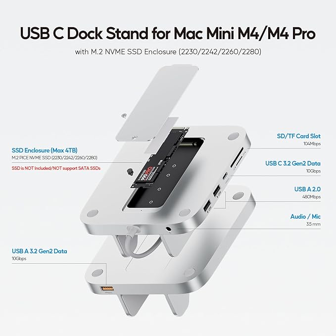 Mac mini M4 Dock with 4TB M.2 SSD Enclosure 8-in-1 Aluminum Vertical USB-C Hub for Mac mini M4 Pro Hub Stand with USB-A/C 3.2 10Gbps 2xUSB-A 2.0 3.5mm Audio SD/TF (SSD NOT Included)