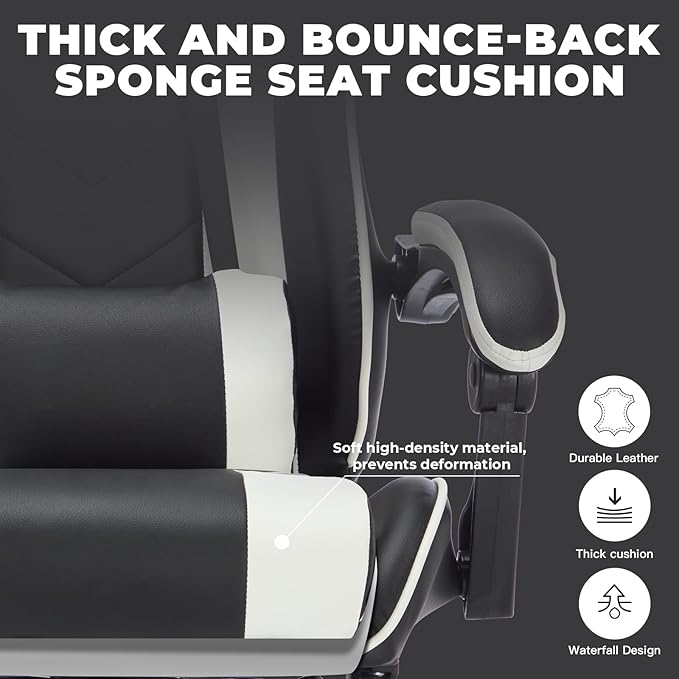 360° Swivel Gaming Chair for Adults with Pull-Out Footrest Ergonomic Video Game Chair with Headrest and Lumbar Support Height Adjustable Computer Chairs for Office or Gaming Black+White