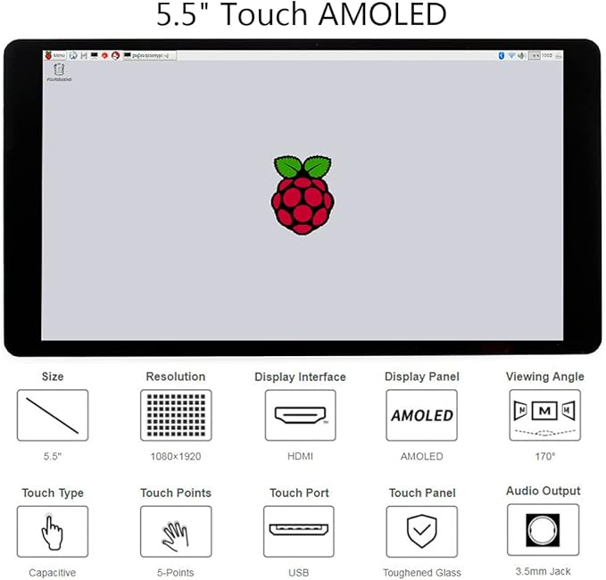 waveshare 5.5inch HDMI AMOLED Display 1080x1920 Resolution Capacitive Touch Screen with Toughened Glass Cover 6H Hardness for Raspberry Pi 4B/3B+/3B/2B/Zero/Zero W and Jetson NanoPCMulti Systems