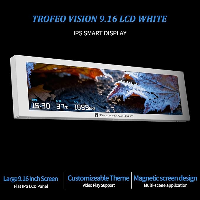 Thermalright Trofeo Vision 9.16 LCD White 9.16-inch Full-Color LCD Magnetic Display Screen 1920x480 Resolution Easy to InstallMaster CPU/GPU Temperature(White)