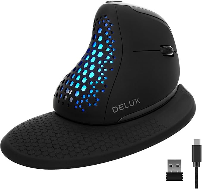 DELUX Seeker Ergonomic Mouse Wireless Vertical Mouse with OLED Screen 6 Buttons&ampThumb Wheel Function Silent Click Up to 7200DPI Programmable Rechargeable BT/2.4G/Wired RGB Light(M618XSD-Bl