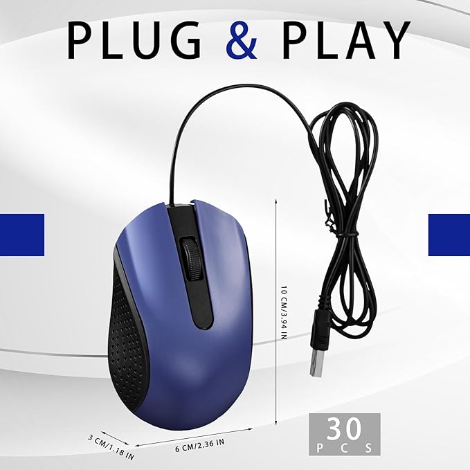 Bonuci 30 Pack USB Wired Mouse 3 Button Corded Computer Mice Bulk USB Mouse for PC Desktop Laptop Office School Classroom Use(Blue)