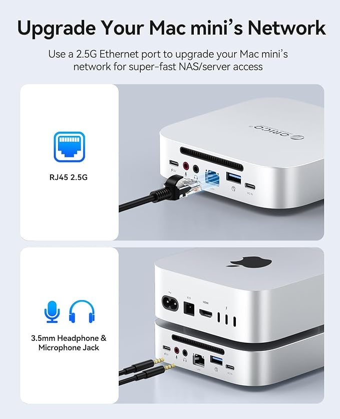ORICO MiniLink Mac mini M4 Dock &amp Stand 2 × 10Gbps USB 3.2 Ports 10Gbps USB C USB A 3.0 2.5G Ethernet Port SD/TF 3.5mm Headphone &amp Microphone Jacks Compatible with Mac mini M4/M4 Pro (M