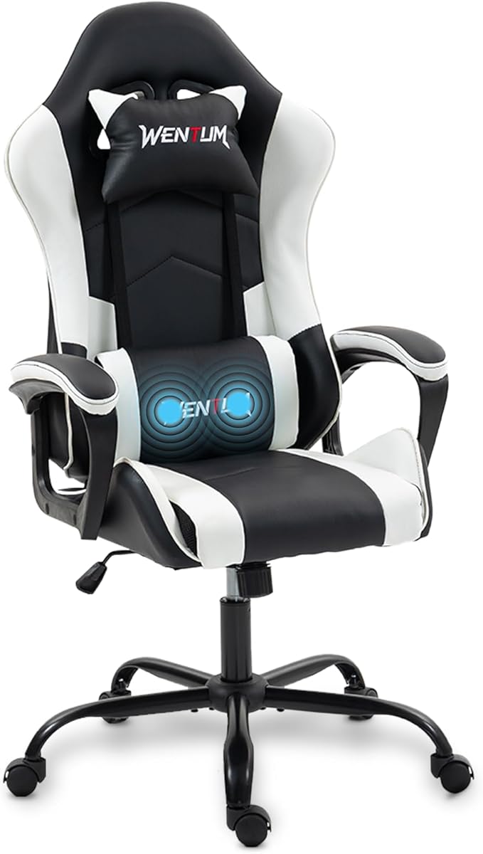 Gaming Chair PU Leather Massage PC Video Game Chair with Lumbar Support for Men Women Home Office Height Adjustable Ergonomic High Back White