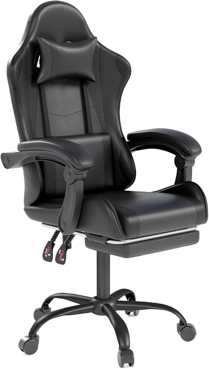 Gaming Chair with Headrest and Lumbar Support Ergonomic High Back Office Chair Racing Style Executive Computer Desk Chair Leather Adjustable Swivel Task Chair for Home Office (Black)