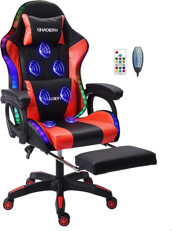 Ergonomic Gaming Chair with Footrest and Lumbar Support Video Gaming Chair with Speaker and LED Light Gaming Chair with Full Massage Function 90°-135° Tilting Computer Chair.Red