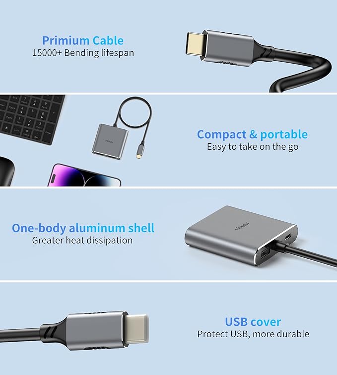 USB C to HDMI Adapter Dual 4K@60Hz 4 in 1 USB C to HDMI Converter with 100W PD Charging USB 3.0 USB C to HDMI Splitter Extended Display Compatible Thunderbolt 3/4