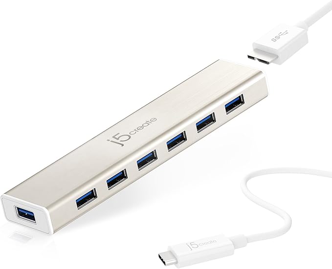 j5create USB Type-C to 7-Port USB 3.0 Data Hub with 3 ft Extended Cale [20W Power Adapter Included] for Mac MacBook Windows Laptop Surface XPS Chromebook PC (JCH377)