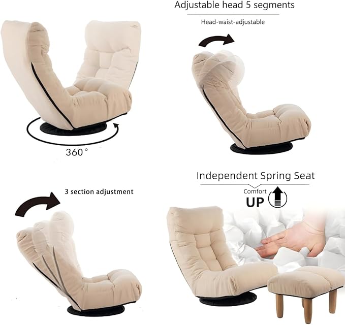 360° Swivel Floor Gaming Chair Floor Chair 14 Adjustable Head Segments 3 Waist Segments Ergonomic Recliner for Gaming Reading Living Room Includes Footrests (White)