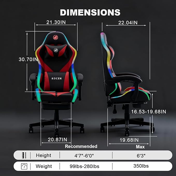 Kechen Gaming Chair LED Light Gaming Chair with Footrest and Massage Big and Tall Computer Chair with Lumbar Support Gaming Chairs for Adults with Pocket Spring Cushion (LED Light Red/Black)