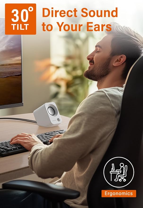 Speaker - 14W Stereo PC Speakers USB Powered Compact Size with 30° Tilt Design Volume Dial Control for Desktop Laptop Monitor Gaming Consoles White