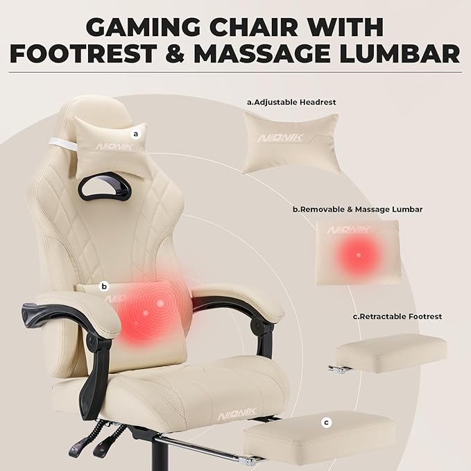Gaming Chair with Footrest and Massage Lumbar Support Ergonomic Computer Gamer Chair Office Video Game Chairs with Adjustable Height and Backrest (Beige)