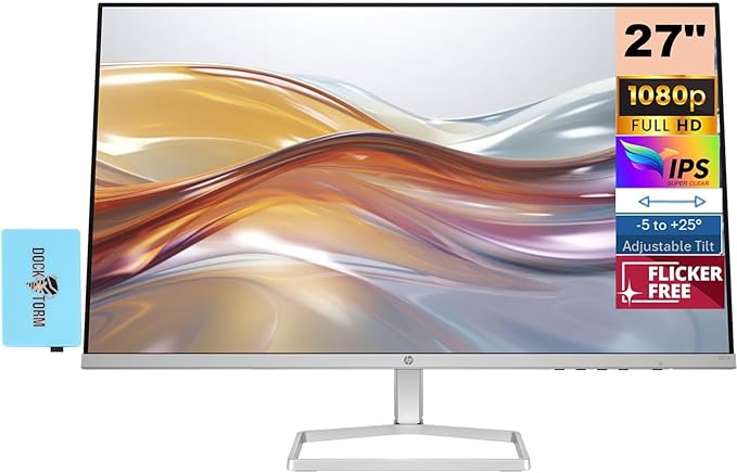 HP 27 inch 1080P Computer Monitor in Silver and Black 27 Full HD (1920 x 1080) 75Hz Anti-Glare IPS Display with AMD FreeSync 2 HDMI 1 VGA Highly Accurate Color (2026 Model) with Docztorm Dock