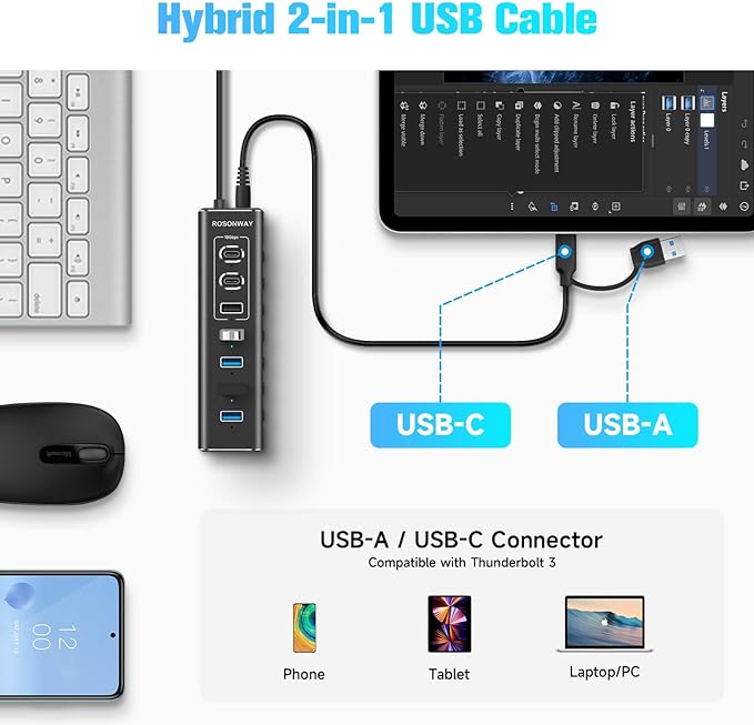 Powered USB Hub Rosonway 7-Port USB 3.2/USB C Hub with 10Gbps USB-A 3.2 2 USB-C 3.2 4 USB 3.0 Ports Individual Switches and 12V Power Adapter Aluminum USB Port Expander for Laptop/PC RSH-A107C